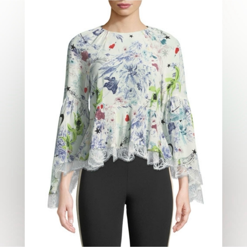 Cinq a Sept 100% Silk Avalon Top Floral Peasant Lace Luxury Designer Garden